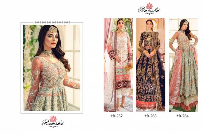 Ramsha R 262 to 264 Latest Designer Heavy Wedding Wear Butterfly Net With Embroidery Work Pakistani Salwar Suits Collection
